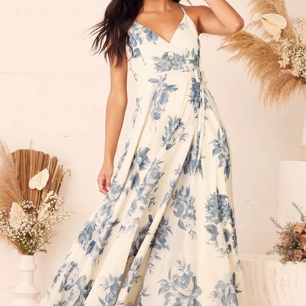 Lulu's Cream and Blue Sleeveless Wrap Maxi Dress